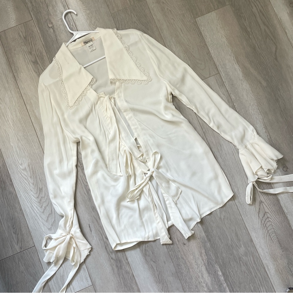 Tie-Front Ivory Blouse with Lace Collar